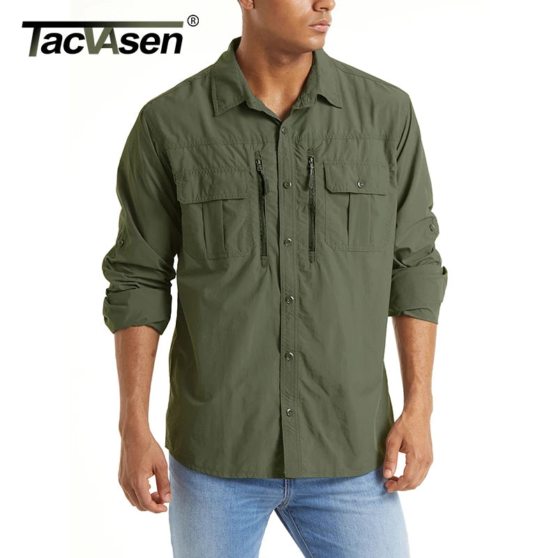 TACVASEN Summer Cargo Shirts Men's Mesh Breathable Long Sleeve Multi-Pockets Work Shirts Quick Dry Hiking Fishing Shirt Outdoor