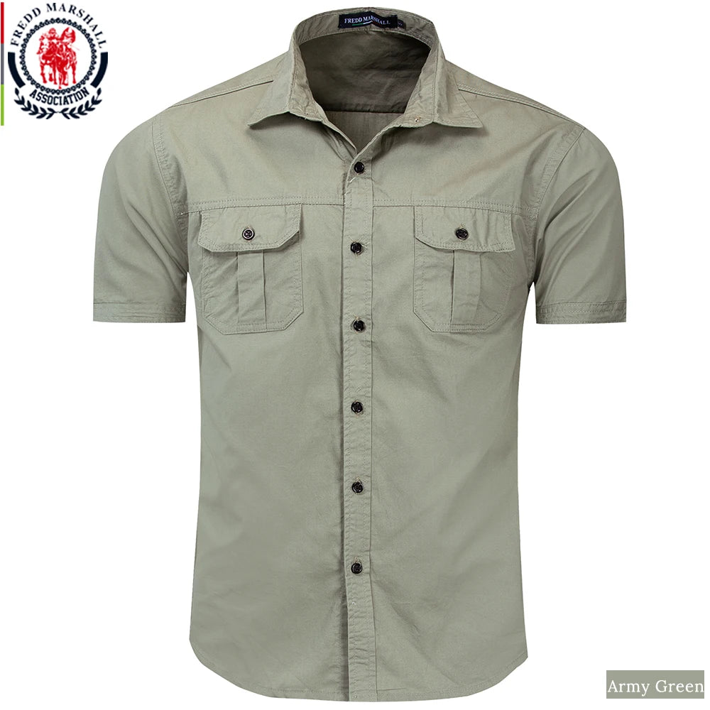 Fredd Marshall New Mens Military Shirt Men Short Sleeve Cargo Shirts 100% Cotton Casual Solid Shirt Male Pocket Work Shirt 55889