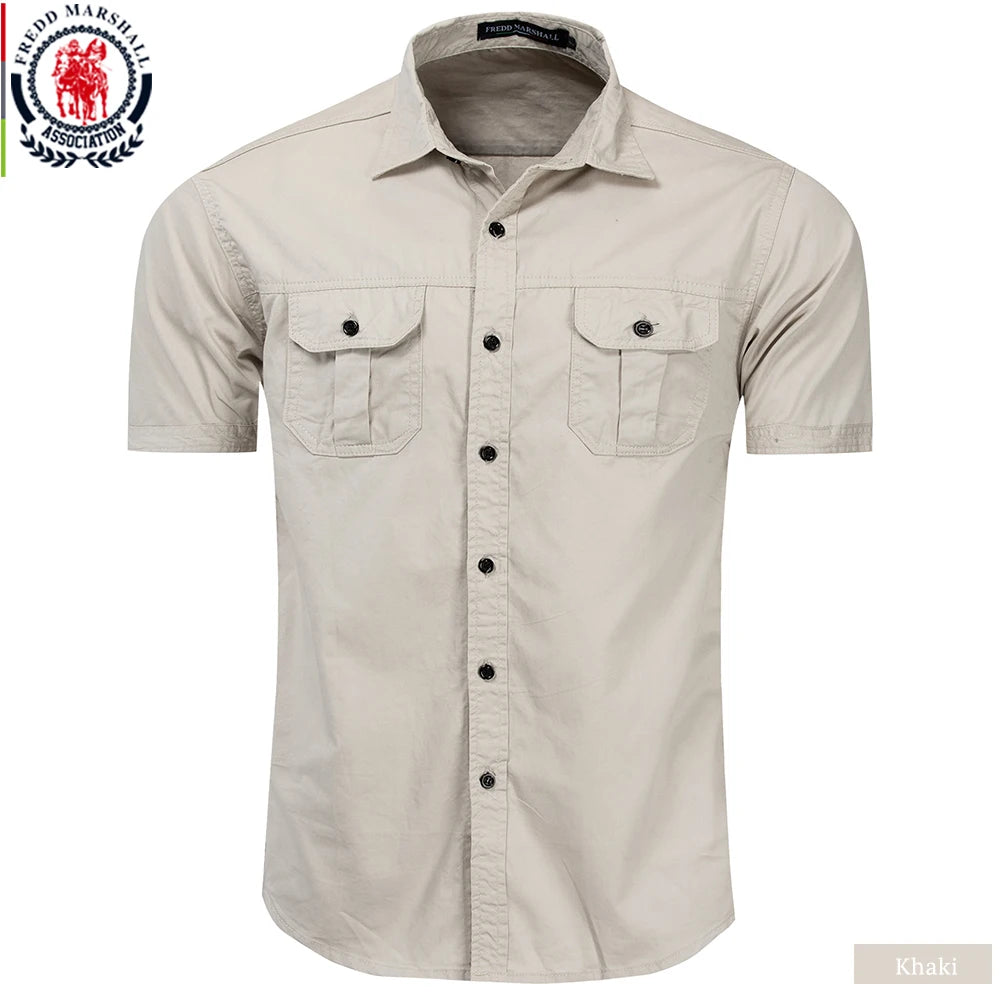 Fredd Marshall New Mens Military Shirt Men Short Sleeve Cargo Shirts 100% Cotton Casual Solid Shirt Male Pocket Work Shirt 55889