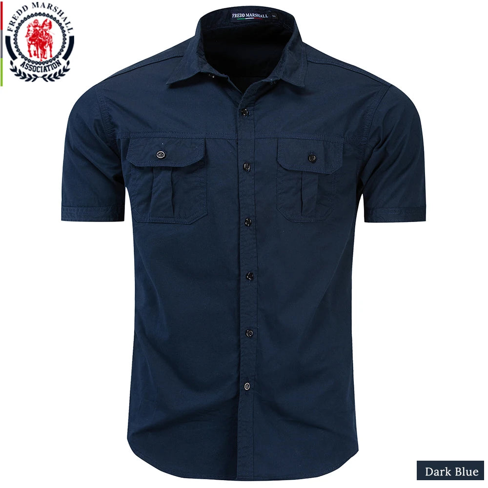 Fredd Marshall New Mens Military Shirt Men Short Sleeve Cargo Shirts 100% Cotton Casual Solid Shirt Male Pocket Work Shirt 55889
