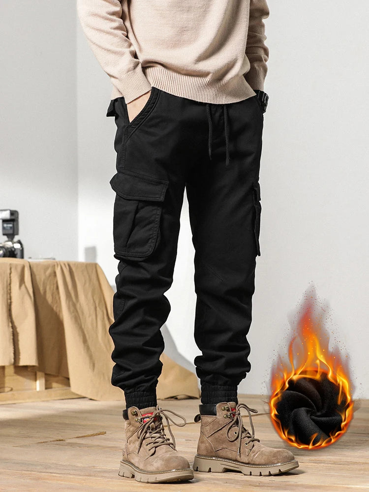 2023 New Multi-Pockets Winter Cargo Pants Men Fleece Liner Thick Warm Slim Fit Joggers Streetwear Casual Cotton Thermal Trousers