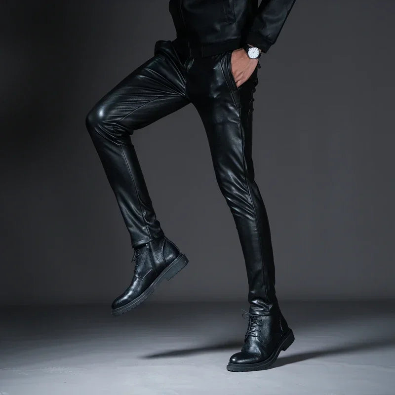 New  Mens Skinny Biker Leather Pants Fashion Faux Leather Motorcycle Trousers For Male Stage Club Wear