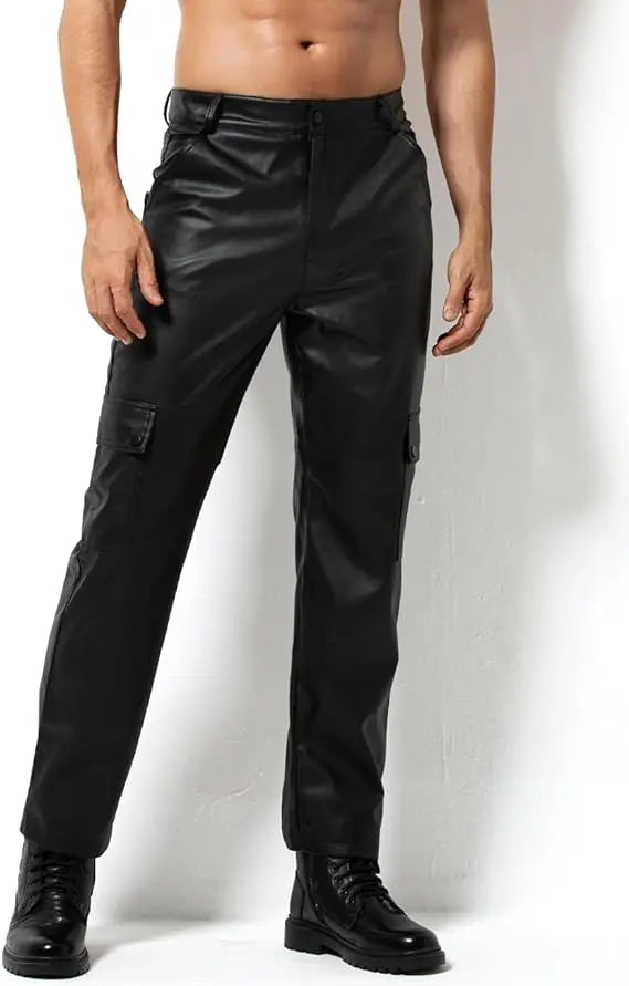 Arjen Kroos Men's Leather Pants Casual Straight Leg Motorcycle PU Leather Pant Multi Pockets