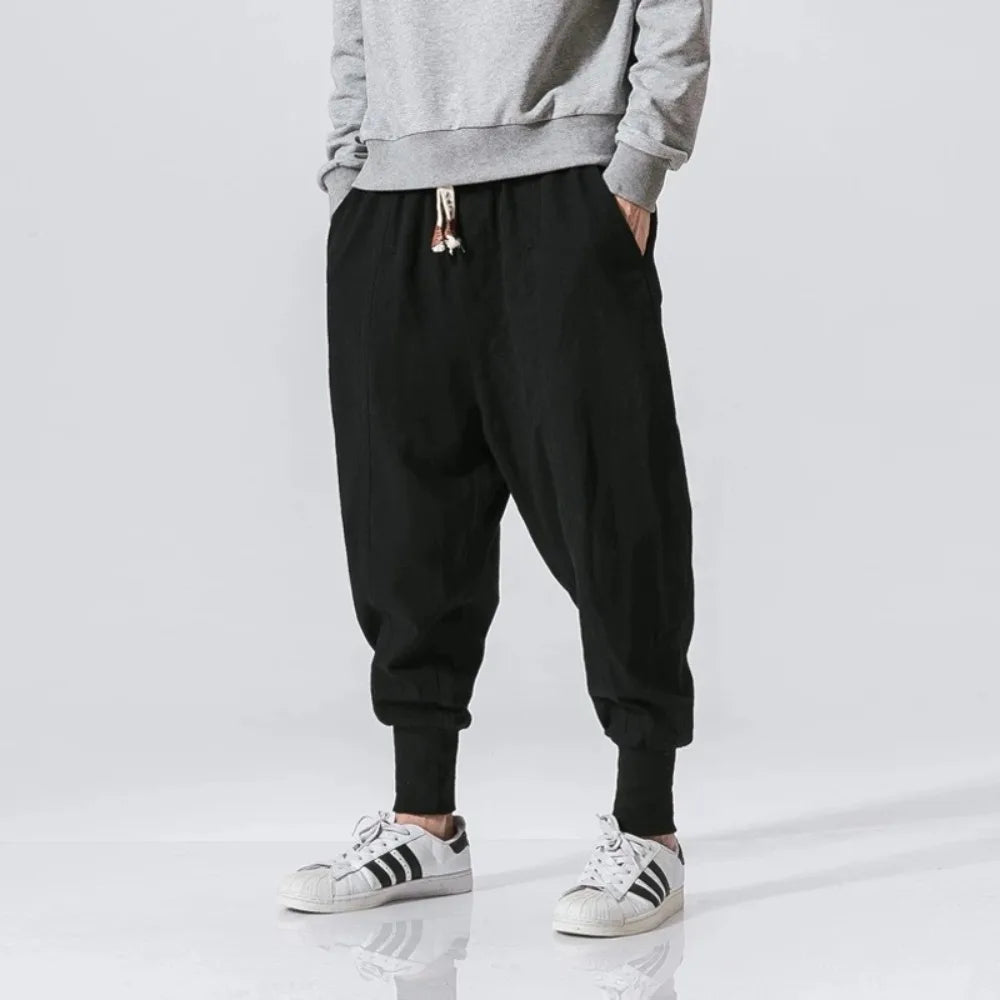 Cotton Linen Harem Pants Men Streetwear Joggers New Baggy Drop-crotch Pants Casual Trousers Men Sweatpants
