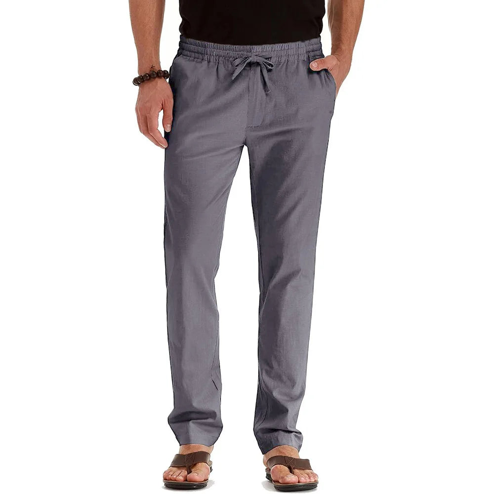 Men's Spring Summer New Cotton Linen Long Pants Vacation Hawaii Casual Trouser Straight Leg Lightweight Sweatpants