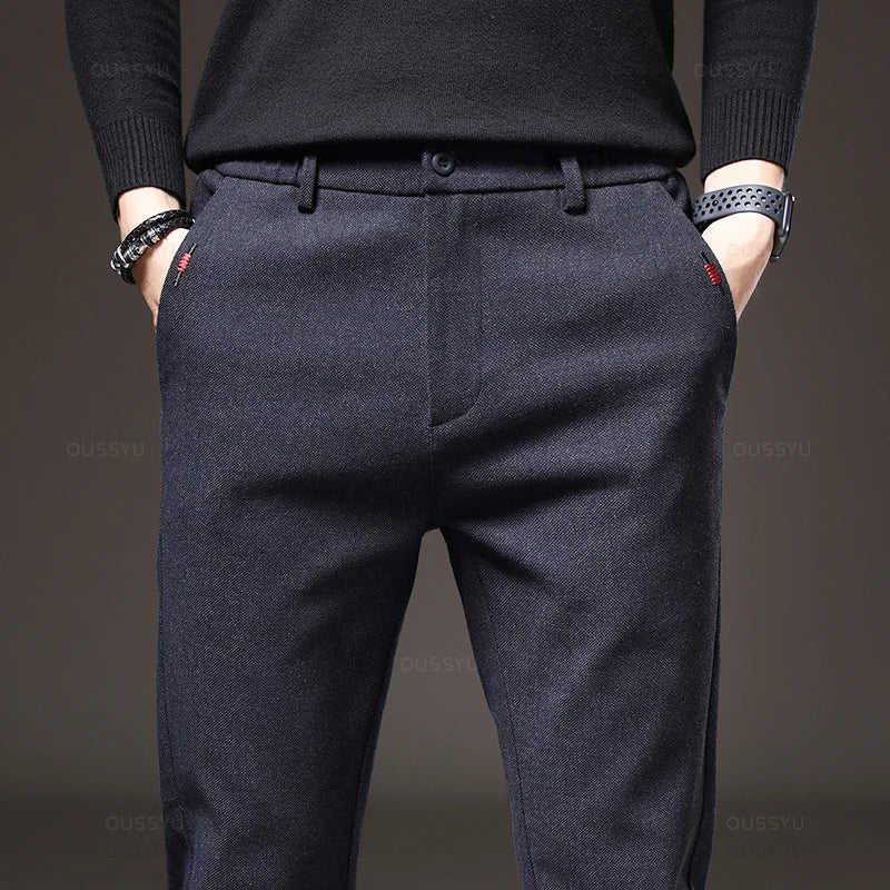 Autumn Men's Casual Pants Business Fashion Elastic Waist Slim Fit Stretch Thick Gray Black Cotton Trousers Male