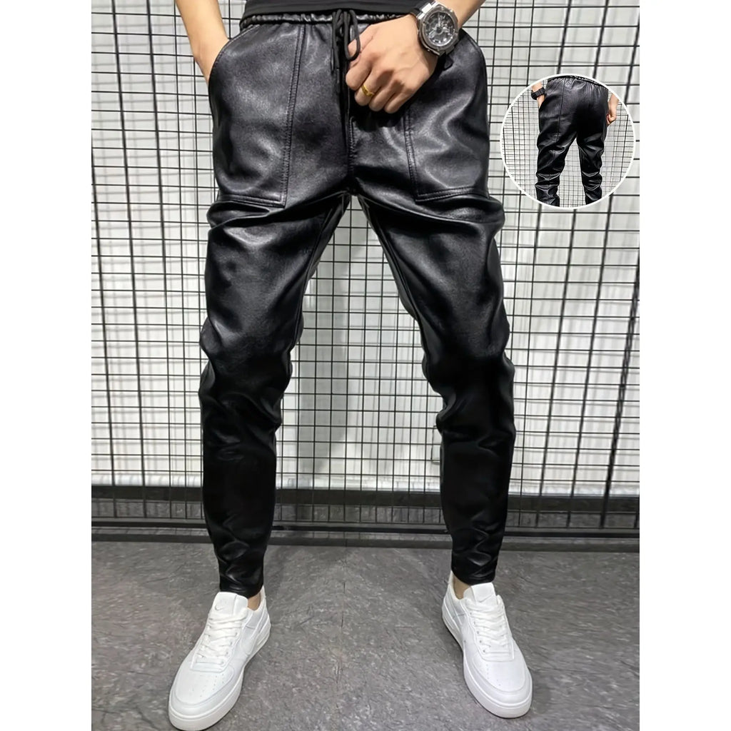 Men's plus size hot fashion black leather pants trend high-end slim fit small leg pants versatile fashionable leather pants