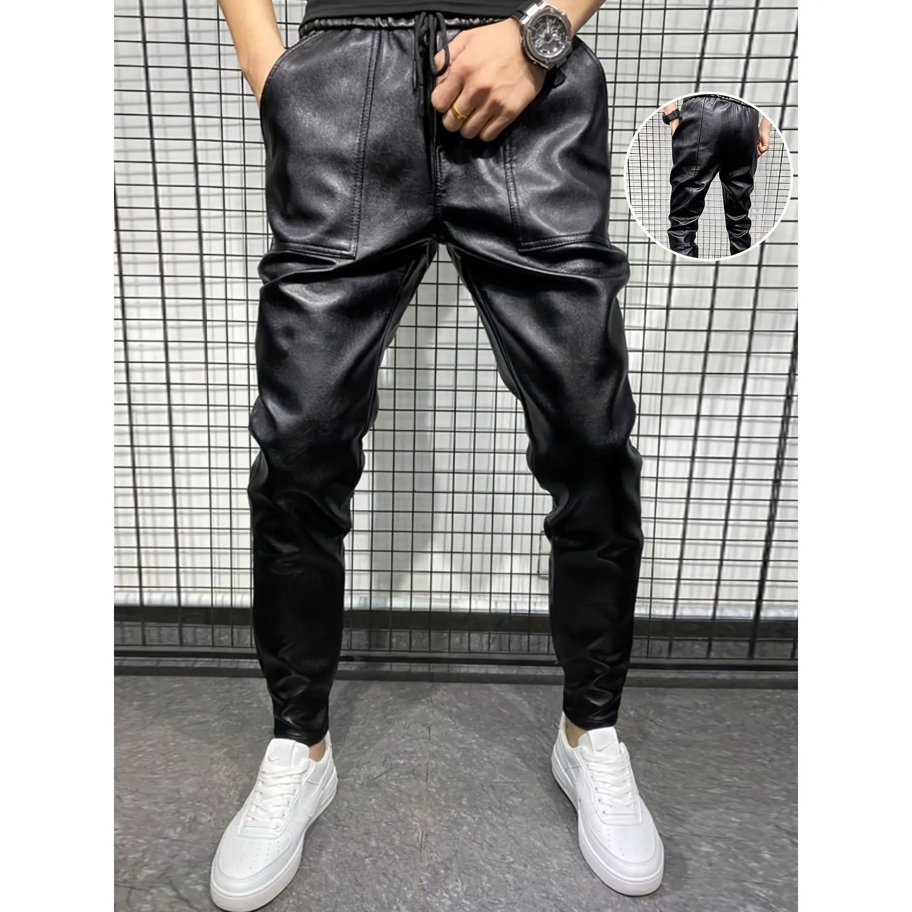 Men's plus size hot fashion black leather pants trend high-end slim fit small leg pants versatile fashionable leather pants