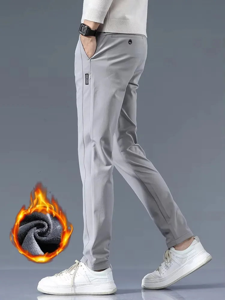 Winter Fleece Golf Casual Pants Men Business Slim Stretch Jogger Thick Trousers Korean Classic Elastic Waist Velvet Male Pants