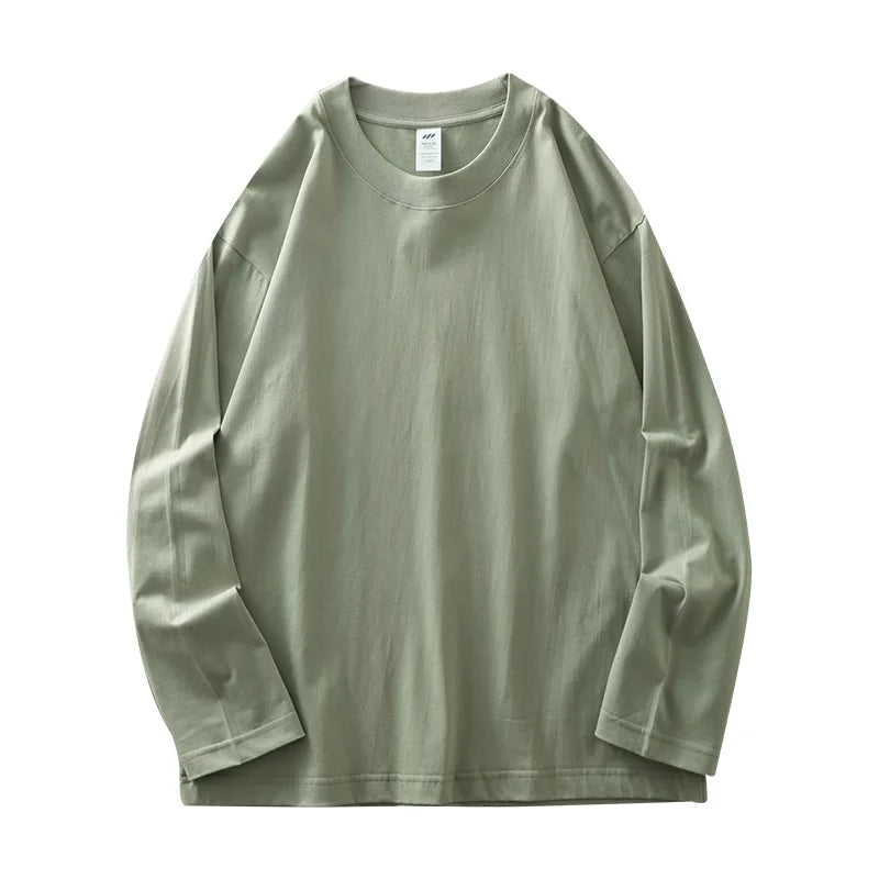 DUKEEN Men's 260G Long Sleeve T Shirts 2025 Spring Pure Cotton Solid Color Basic Crew-Neck Undershirt Men's Loose Tops 11 Color