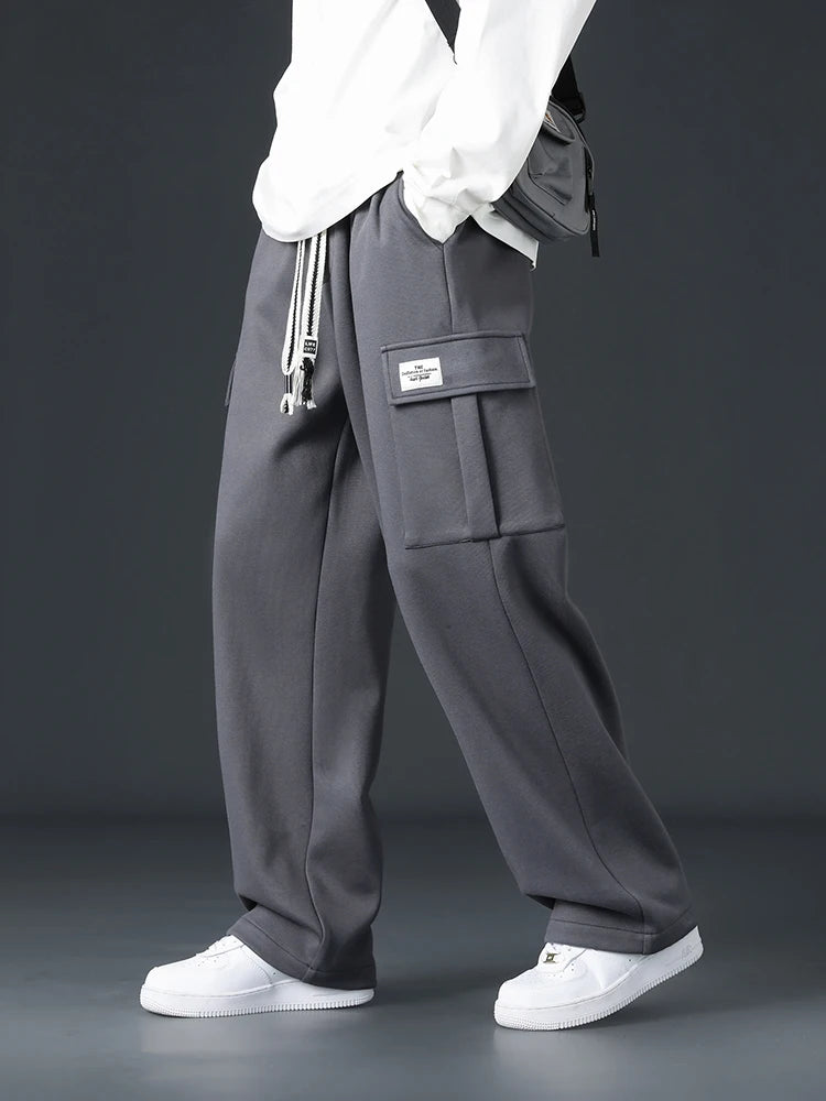 Autumn Men's Baggy Wide-leg Pants Outdoor Jogging Sweatpants Loose Straight Fashion Korean Casual Trousers Streetwear Black Gray