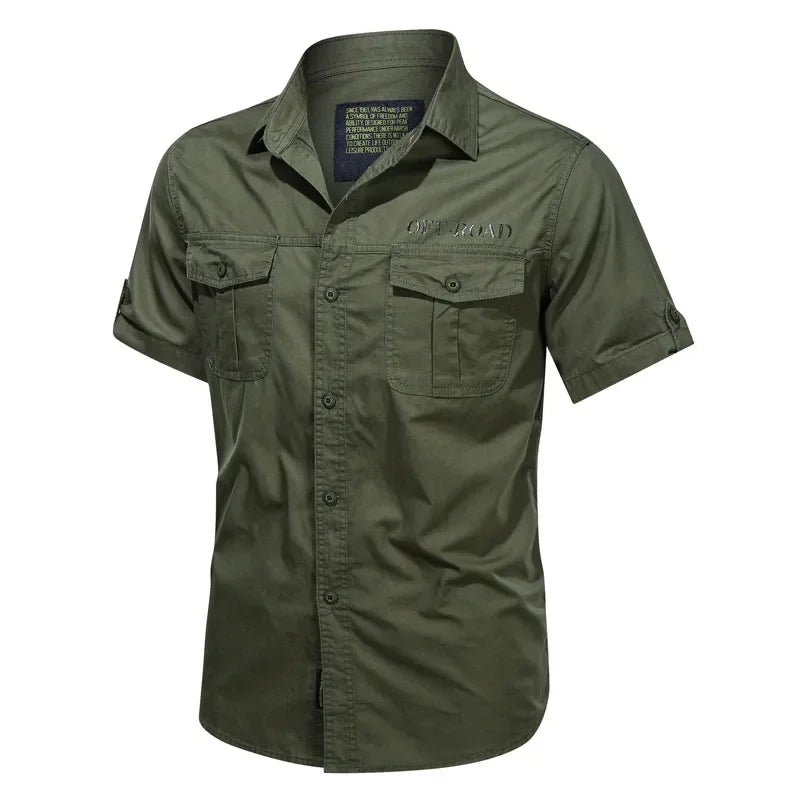 New Mens Military Shirt Short Sleeve Cargo Shirts Cotton Casual Solid Shirt Man Pocket Work Shirt Green Khaki Hiking Fishing 5XL