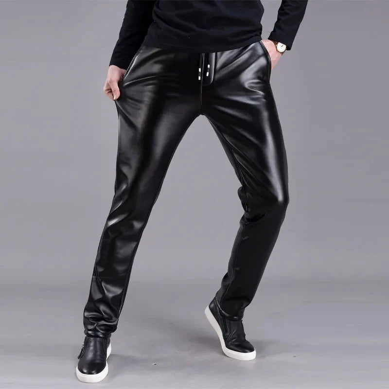 Windproof Slim Leather Pants for Men: Thickened Warm Motorcycle Trousers for Autumn and Winter Black Leather Pants Man
