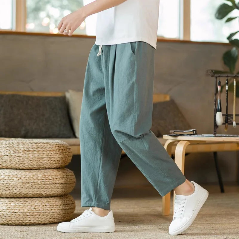 New Men's Linen Lightweight  Sweatpants Cotton Solid Color Breathable Joggers Men Baggy Pants Streetwear Long Trousers Men