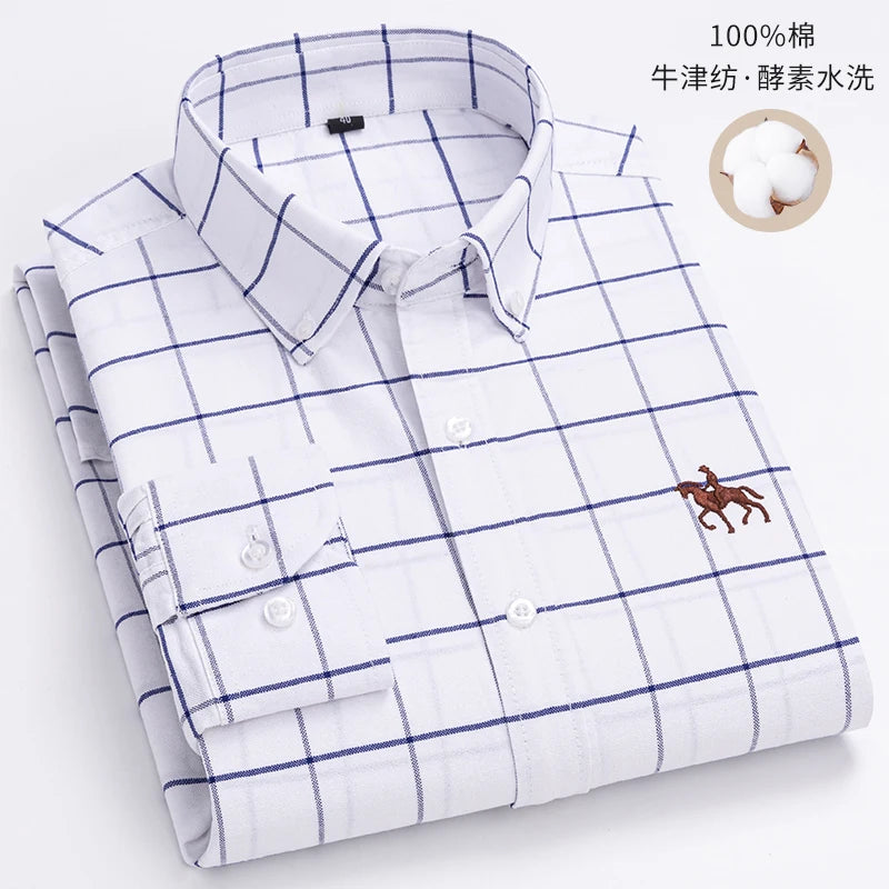 100% Cotton Oxford Shirt For Men's Long Sleeve Solid Casual Business Regular-Fit Formal Dress Shirts Social Blouse Male Clothes