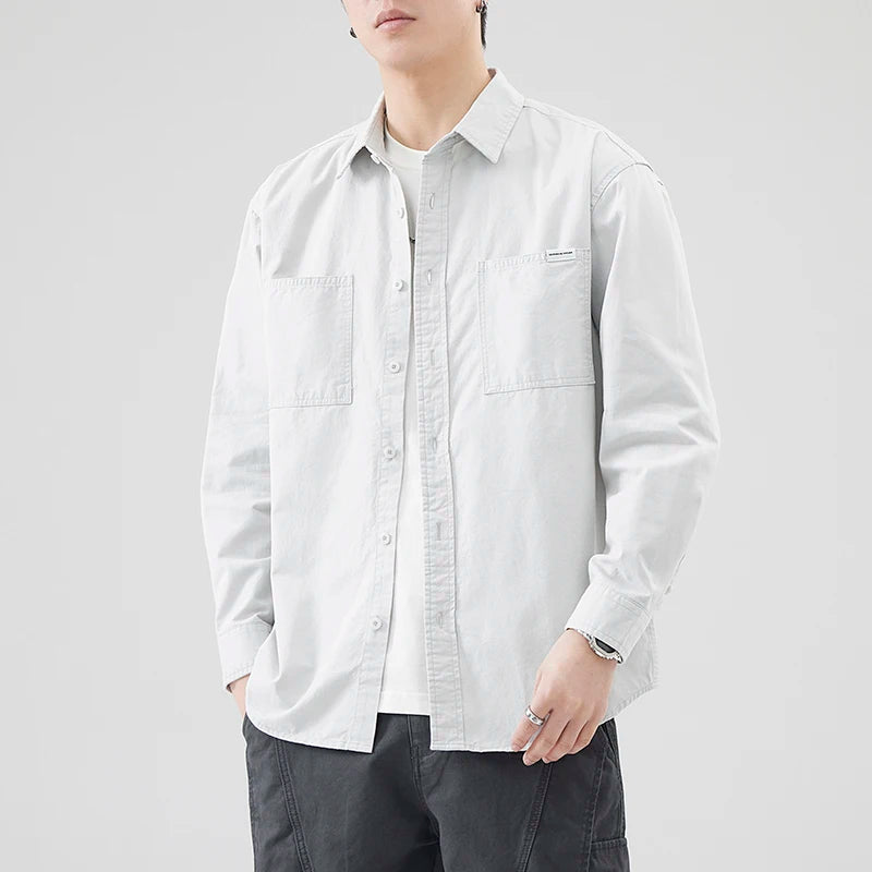 100% Cotton Quality Long Sleeve cargo Shirts Men Spring Autumn Solid Color black white Simple Loose Casual Vintage workwear Tops