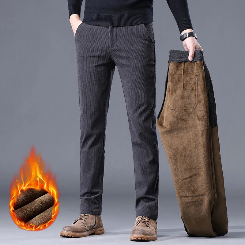 Khaki Black Gray Fleece Men's Corduroy Casual Pants Chenille Thick Stretch Business Trousers Mid-rise Brand Winter Thermal Pants