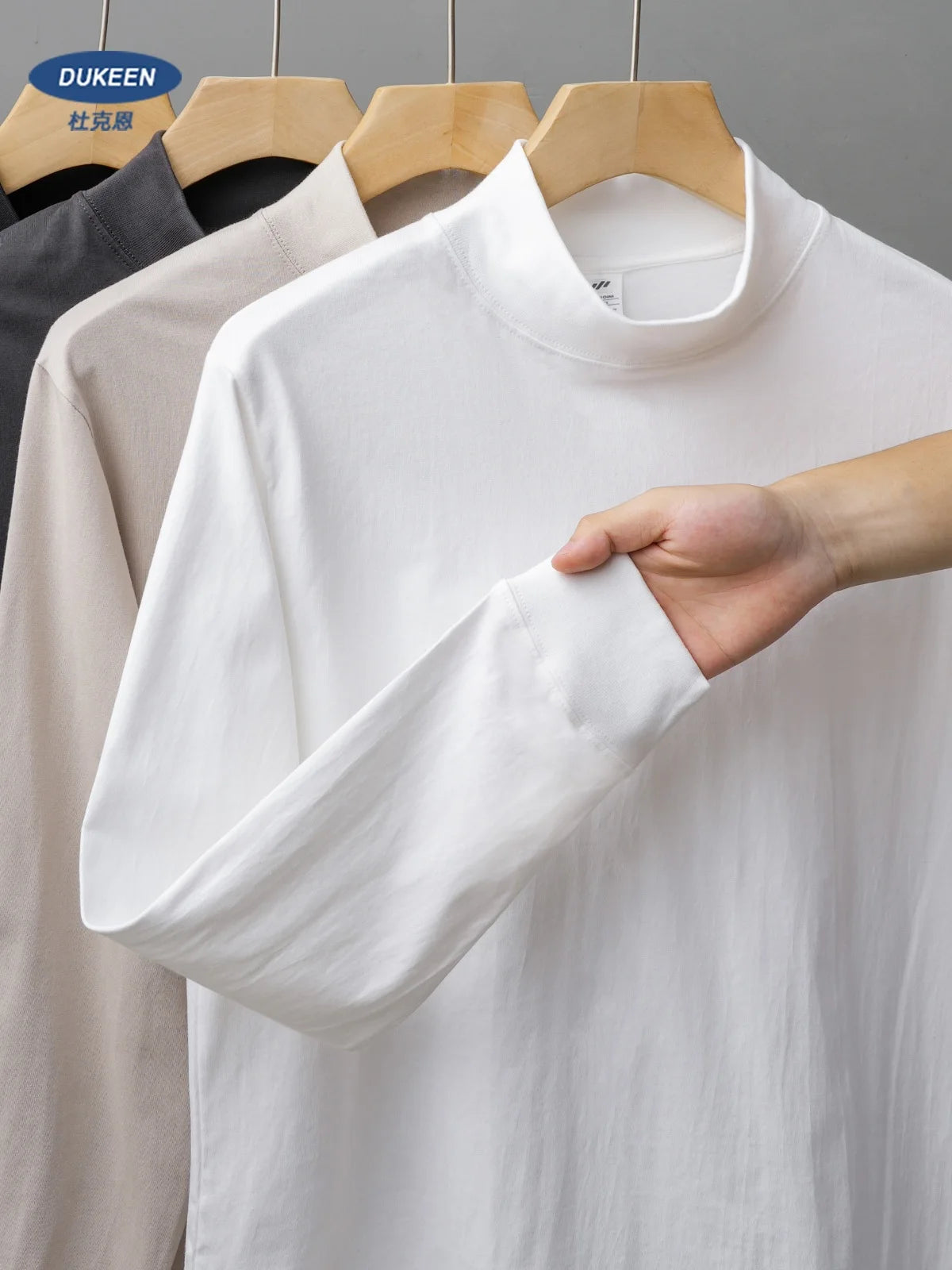 Dukeen 270G Heavyweight Half-Turtleneck Long-Sleeve T Shirts for Men Autumn 100% Cotton Solid Color Undershirt Men's Clothing