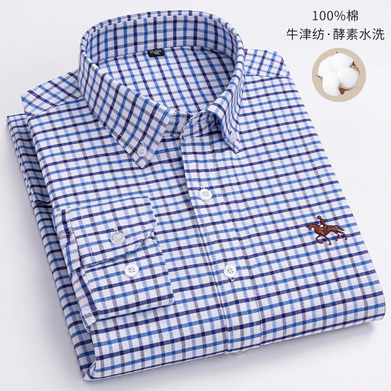 100% Cotton Oxford Shirt For Men's Long Sleeve Solid Casual Business Regular-Fit Formal Dress Shirts Social Blouse Male Clothes