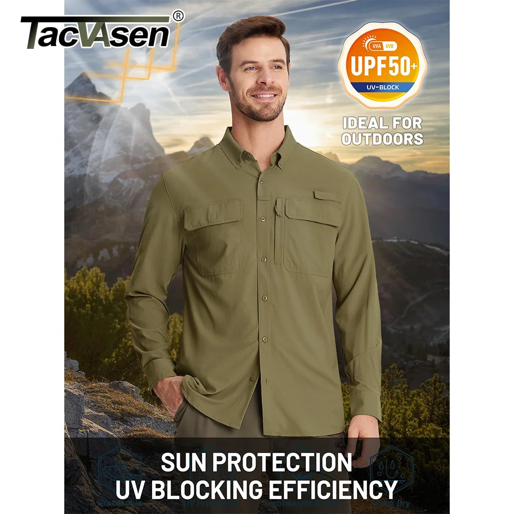 TACVASEN Quick Dry Fishing Shirts Men's UPF 50+ Sun Protection Long+short Sleeve Shirts Mesh Breathable Hiking Work Cargo Shirts