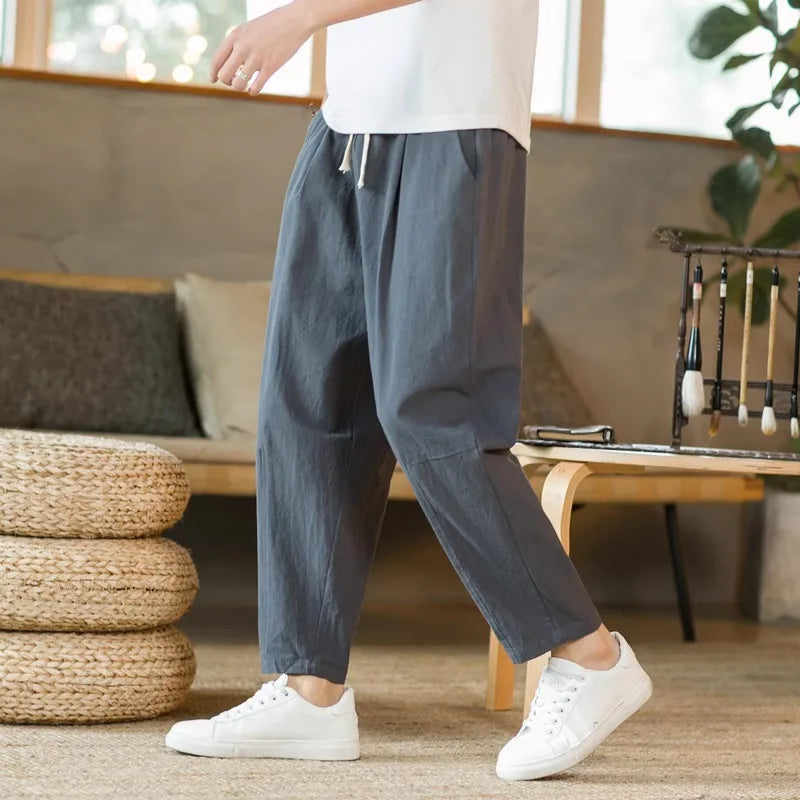 New Men's Linen Lightweight  Sweatpants Cotton Solid Color Breathable Joggers Men Baggy Pants Streetwear Long Trousers Men