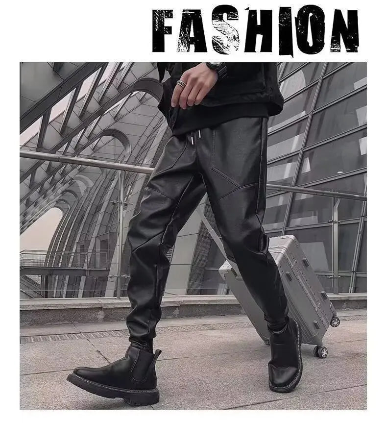 Men's Fleece-Lined Warm Leather Pants for Autumn/Winter - Trendy Pure Black Windproof Thickened Casual Long Trousers for Food De