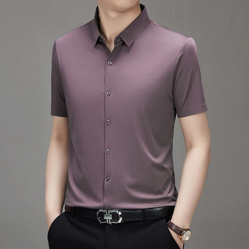 Men's Ultra Stretch Short Sleeve Shirt Business Casual  Breathable Stretchable Abrasion-Resistant Solid Color Short Sleeve Shirt