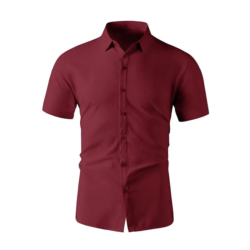 New Men's Business Casual Solid Color Short Sleeved Shirt for Summer Fashion No Ironing Comfortable and Versatile Top