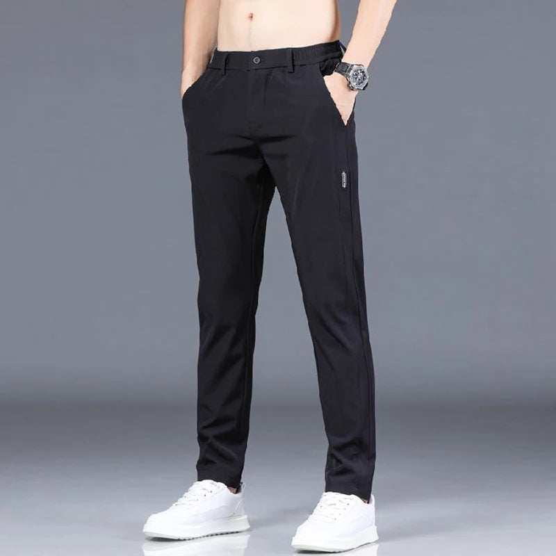 Ice silk men's pants 2025 summer new black gray thin business casual pants outdoor elastic breathable straight leg sports pants