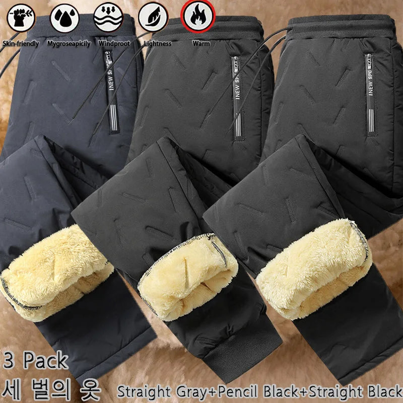 3 Pack Winter Men Plush Thick Fleece Waterproof Pants Windproof Casual Pants Warm Pants Lambswool Thermal Trousers Outerwear