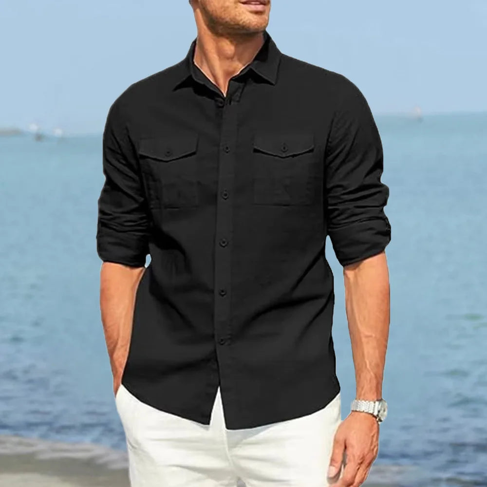 Autumn New Men's Pure Color Shirt Double Pocket Cotton Linen Long Sleeve Lapel Shirt Casual Dailywear Classic Male Cargo Shirts