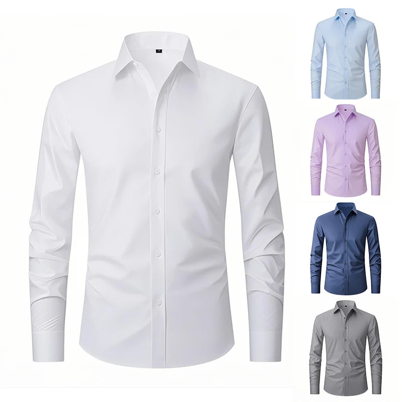 Men's Shirt Euro Size S-2XL Solid Color Eastic Shirt For Men Office Cargo Shirts White Black Long-sleeved Shirt Spring Autumn