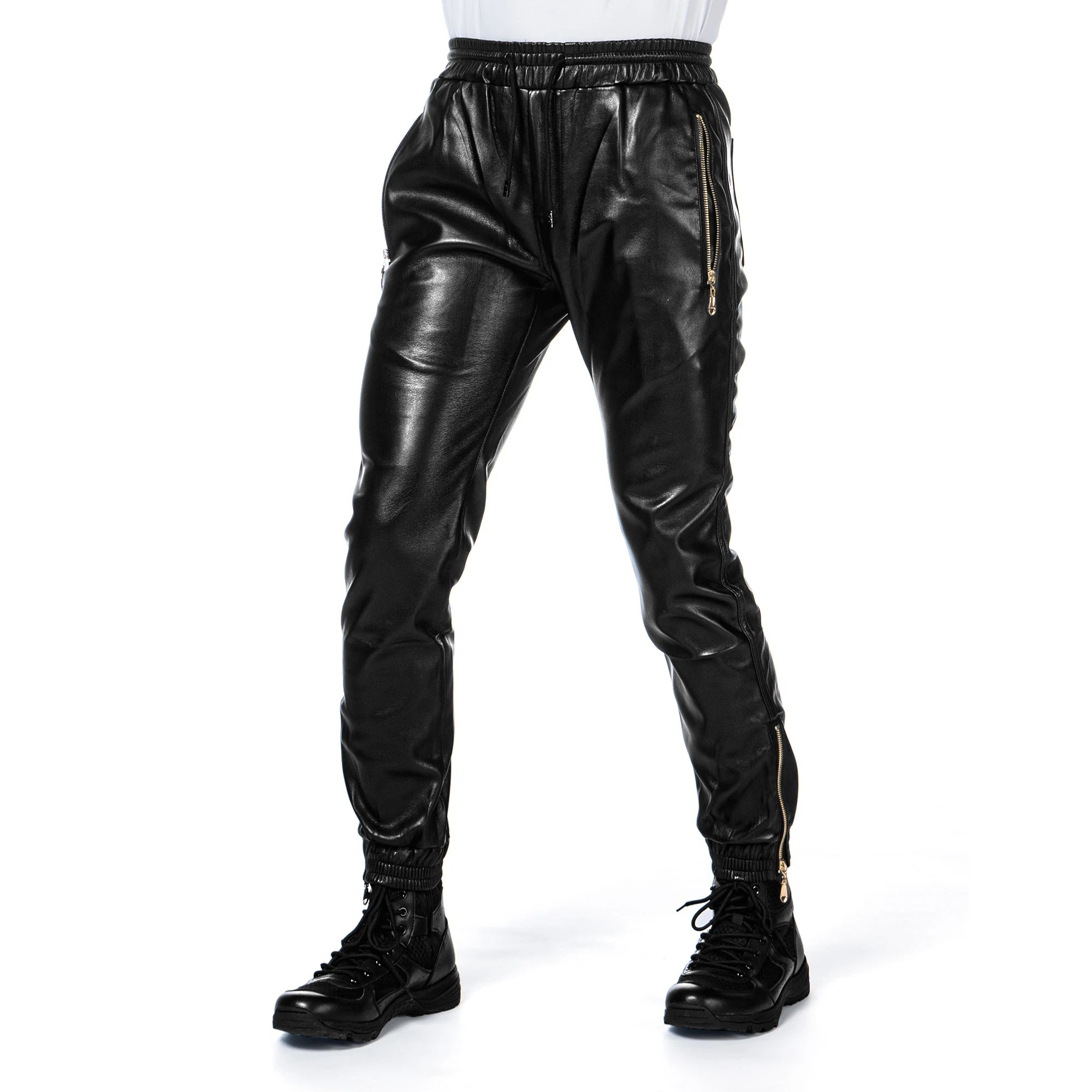 Men's Leather Pants Elastic Waist Jogger Pants PU Leather Motorcycle Trousers Biker's Pants