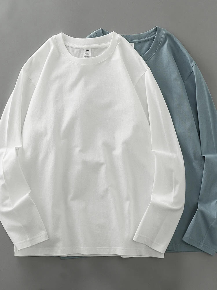 DUKEEN Men's 260G Long Sleeve T Shirts 2025 Spring Pure Cotton Solid Color Basic Crew-Neck Undershirt Men's Loose Tops 11 Color