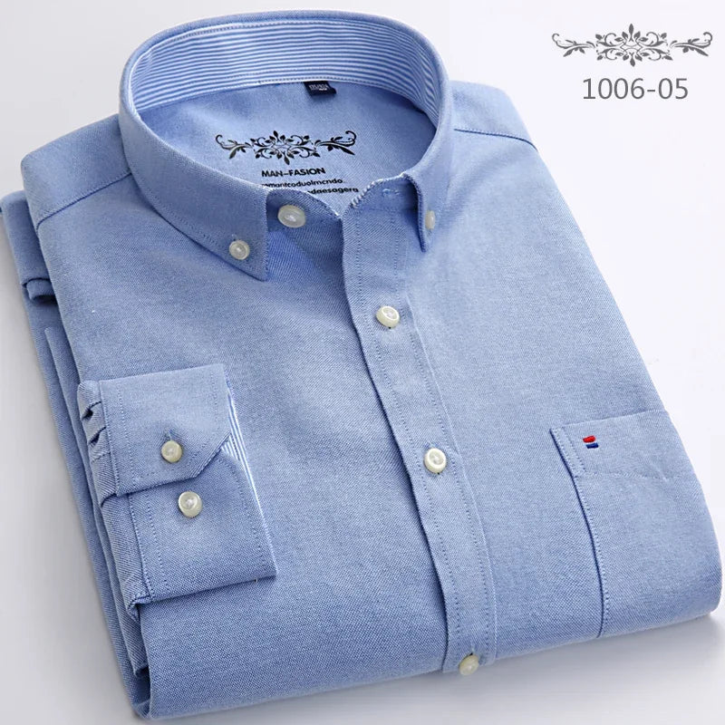 Classic fit cotton Full Casual shirts for men solid color long-sleeve plain shirt single pocket top soft slim fit formal clothes