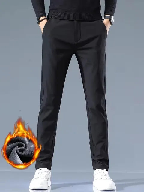 Winter Fleece Golf Casual Pants Men Business Slim Stretch Jogger Thick Trousers Korean Classic Elastic Waist Velvet Male Pants