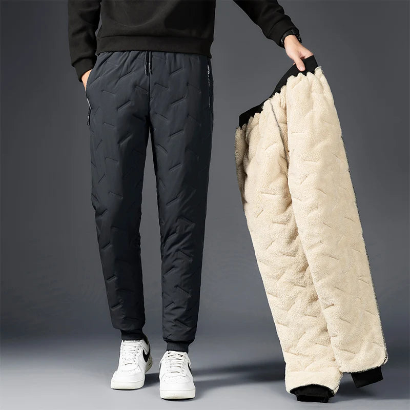 Outdoor Men Thick Fleece Baggy Pants Sherpa Lined Waterproof Sweatpants Windproof Casual Pants Lambswool Warm Active Trousers