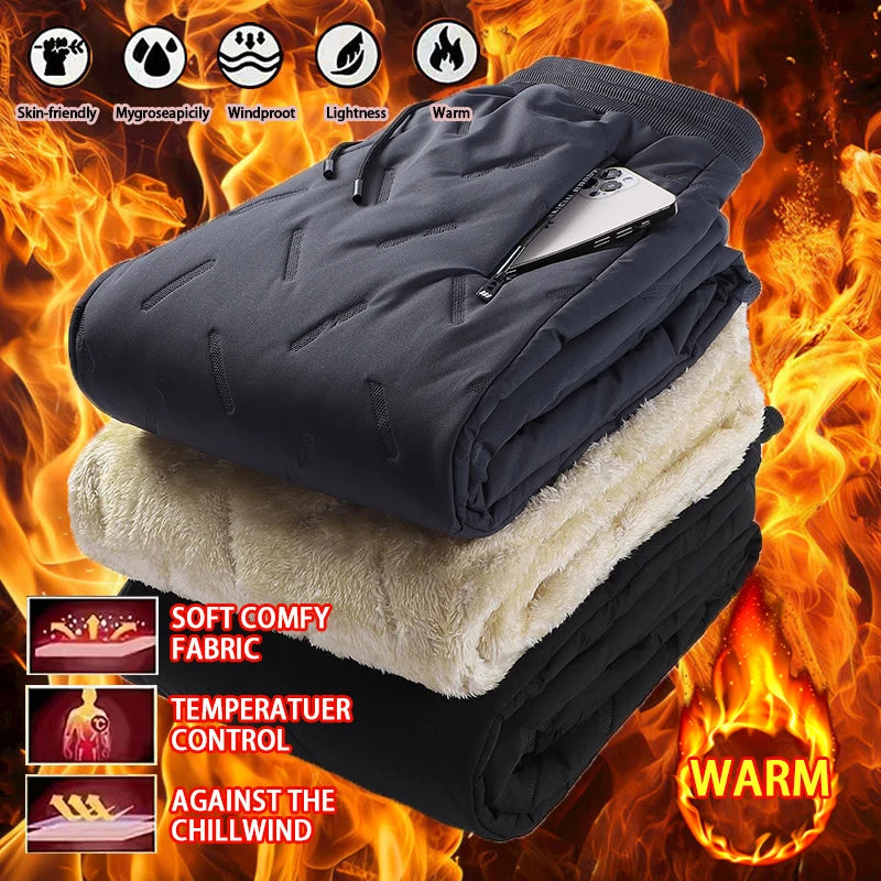 Outdoor Men Thick Fleece Baggy Pants Sherpa Lined Waterproof Sweatpants Windproof Casual Pants Lambswool Warm Active Trousers