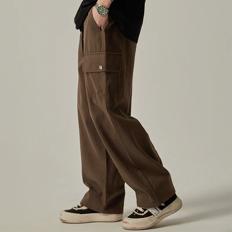 Men's Sweatpants 2025 Spring Autumn Vintage Japanese Wide Leg Straight Loose Button Big Pockets Cargo Pants Drawstring Trousers