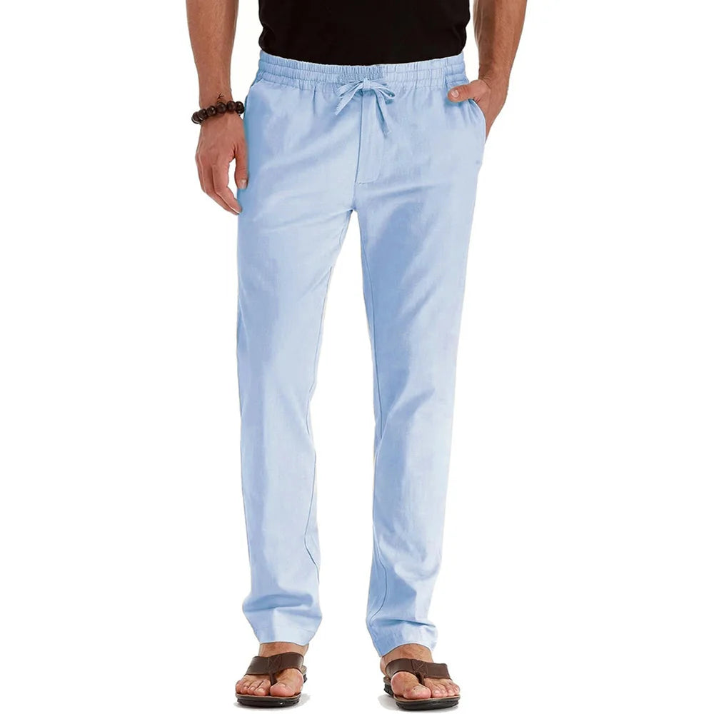 Men's Spring Summer New Cotton Linen Long Pants Vacation Hawaii Casual Trouser Straight Leg Lightweight Sweatpants