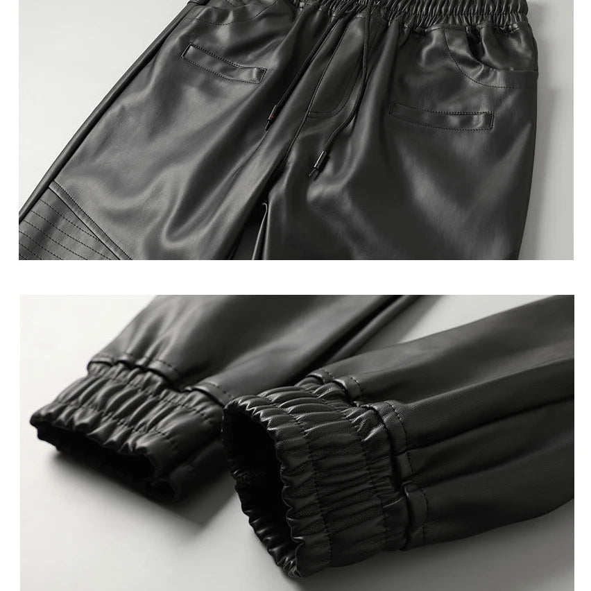Men's Leather Pants Superior Quality Elastic Waist Jogger Pants PU Leather Trousers Biker's Pants Waterproof
