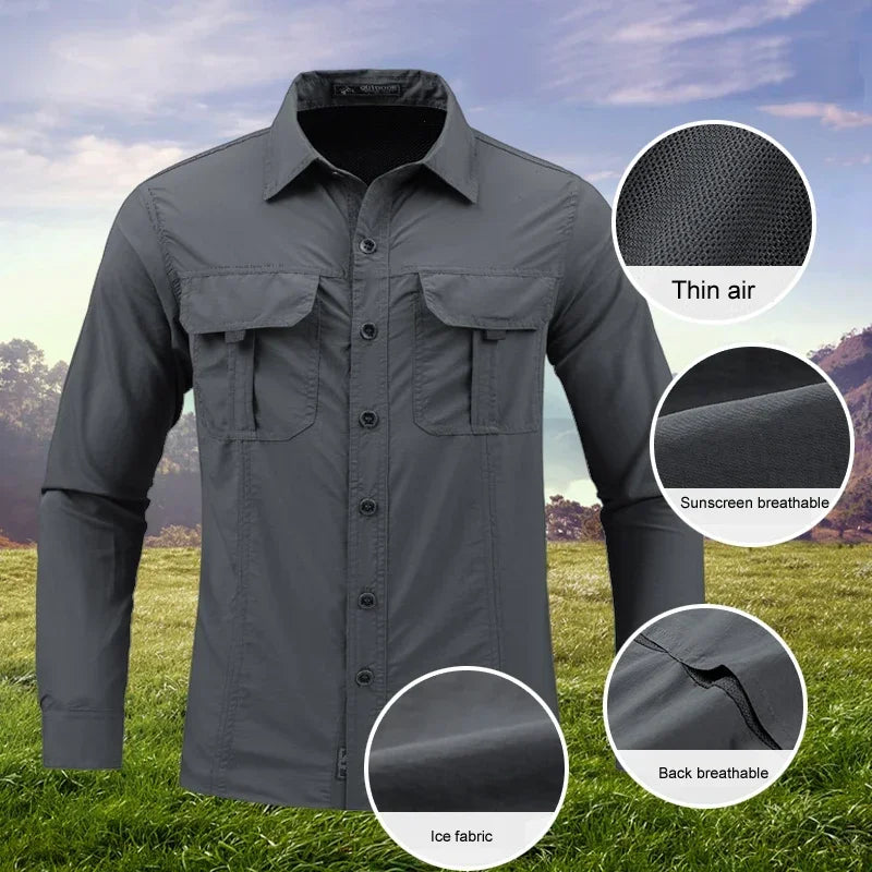 Sun Protection Shirt Quick Dry Long Sleeve Mesh Breathable Shirt Multi Pockets Fishing Shirts Hiking Work Cargo Shirts Tactical