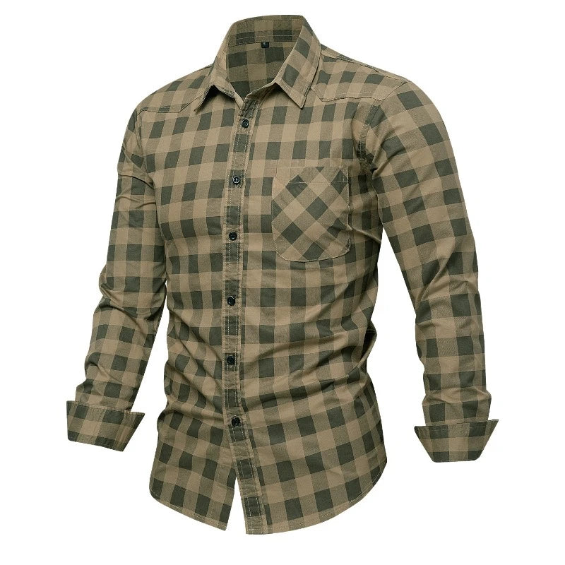 Men Long-sleeved Plaid Casual Shirts New Spring Male Military Outdoor Loose Cargo Shirts High Quality Man Cotton 100% Shirts 3XL