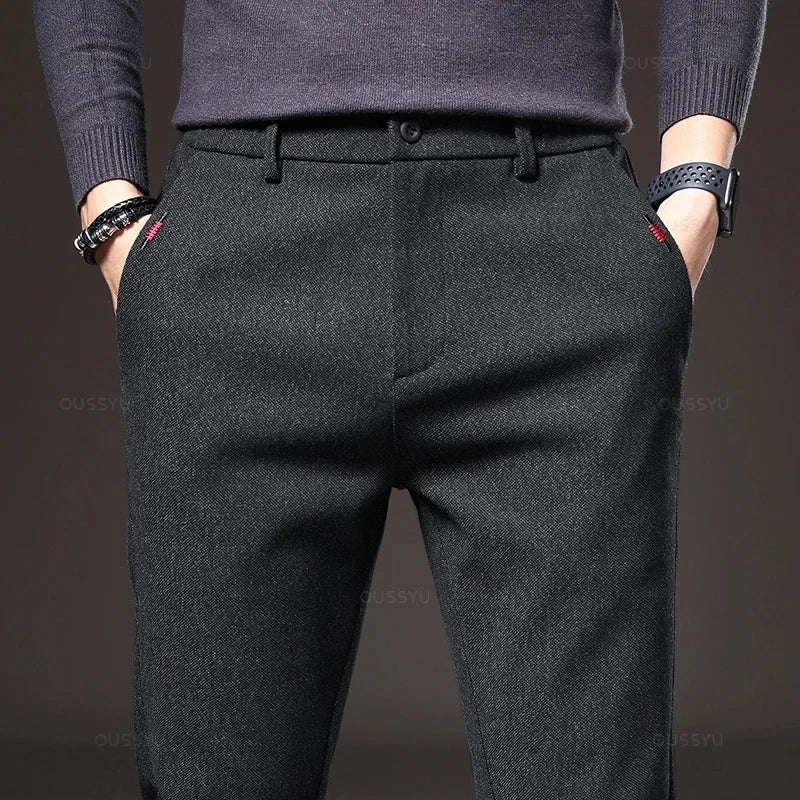 Autumn Men's Casual Pants Business Fashion Elastic Waist Slim Fit Stretch Thick Gray Black Cotton Trousers Male