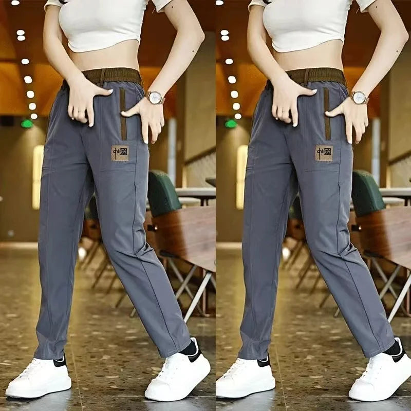 New Chinese Style Casual Mens Pants Summer Ice Silk Mid-Waist Elastic Straight Trousers Confortable Breathable Sports Pants