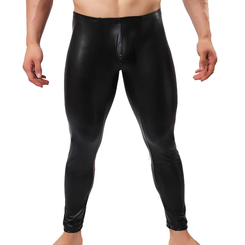 Mens Faux Patent Leather Pants Stage Skinny Performance Pants Stretch Leggings Men Sexy Bodywear Trousers
