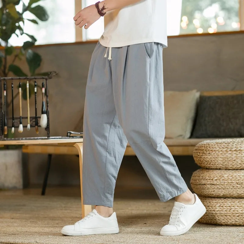 New Men's Linen Lightweight  Sweatpants Cotton Solid Color Breathable Joggers Men Baggy Pants Streetwear Long Trousers Men