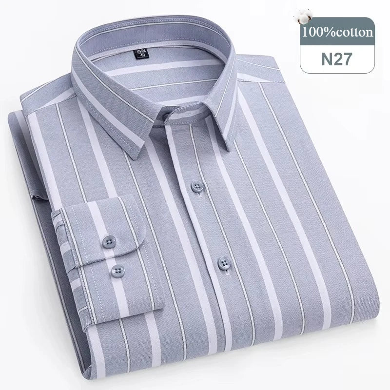 plus size 14xl 100%cotton long-sleeve shirts for men slim fit formal plain shirt soft plaid striped tops office elegants clothes