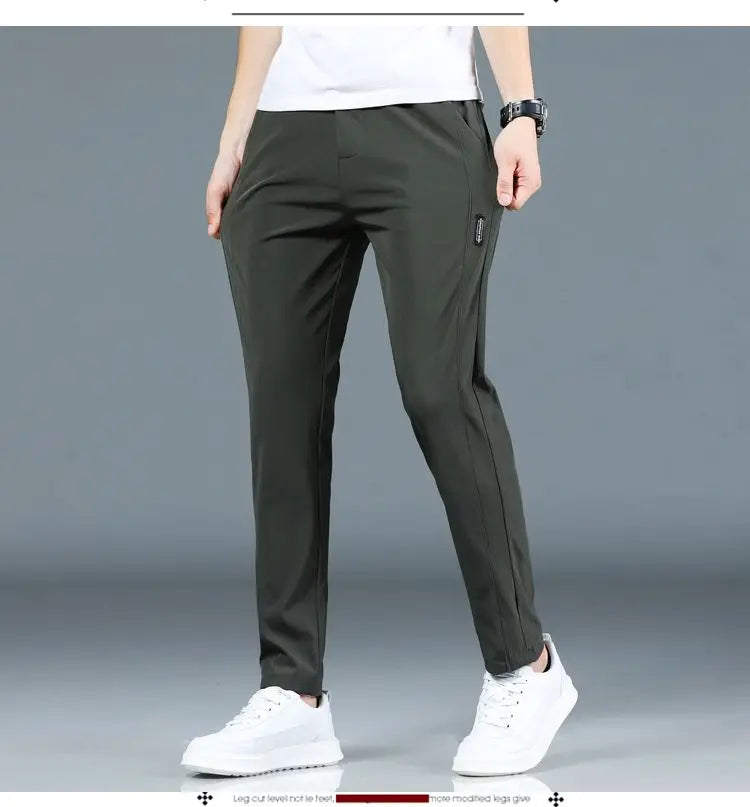 Ice silk men's pants 2025 summer new black gray thin business casual pants outdoor elastic breathable straight leg sports pants