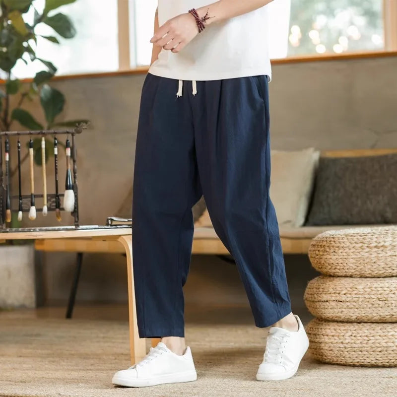 New Men's Linen Lightweight  Sweatpants Cotton Solid Color Breathable Joggers Men Baggy Pants Streetwear Long Trousers Men